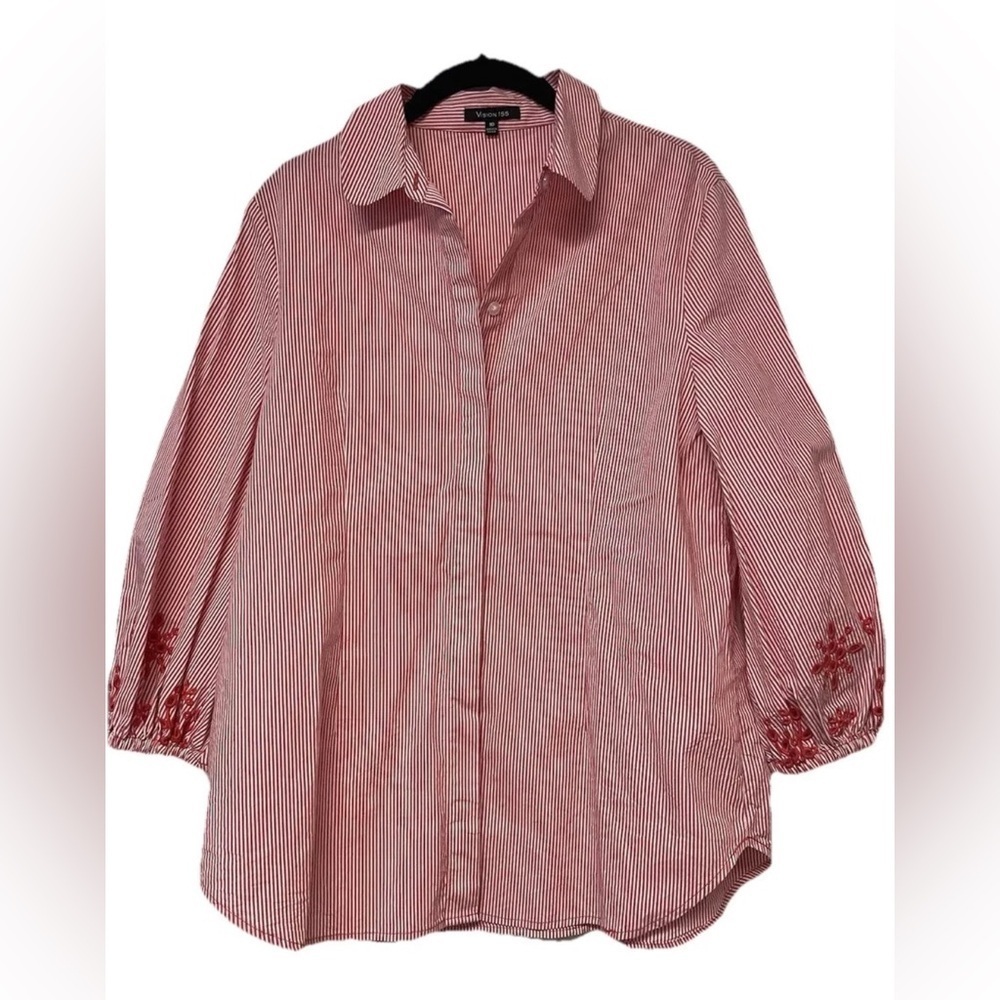 NWOT Vision 155 Button Down with sleeve detail Red/Coral white Size 10